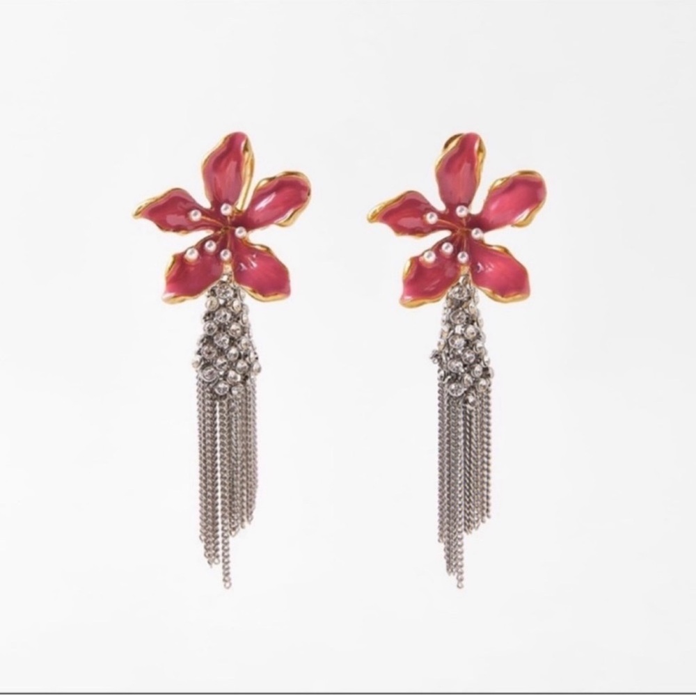 Zara enamel flower, rhinestone and tassel earrings